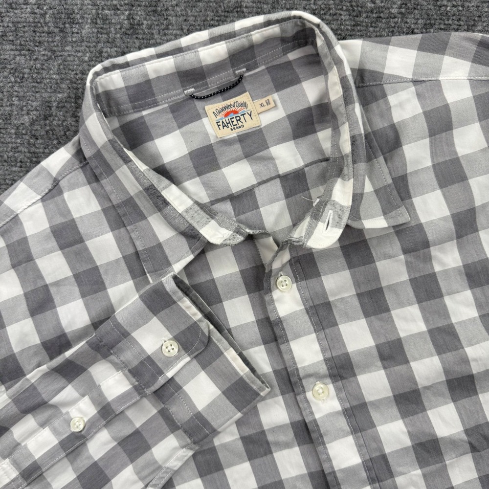 FAHERTY BRAND Mens XL Gingham Check Long Sleeve Button Up Shirt Gray White